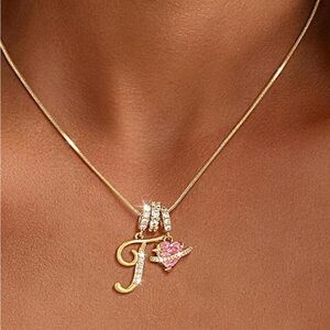 Gold and Pink Initial Letter “T” Heart Charm Necklace